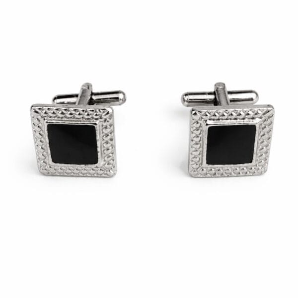 Silver square durable cufflinks for men with black center – classic formal accessory