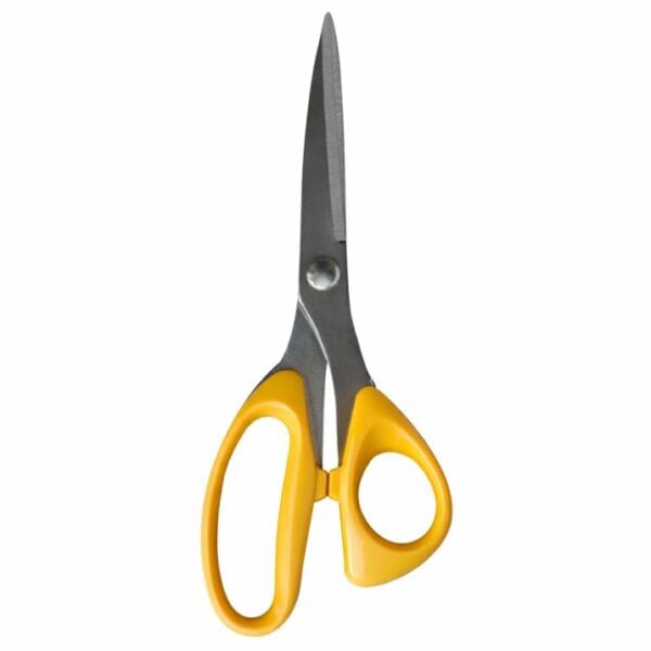 En Power Sha scissors with yellow ergonomic handles and stainless steel blades isolated on white background.