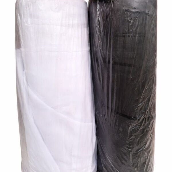 Roll of dull face bridal satin fabric in white and black for wedding dresses and fashion tailoring