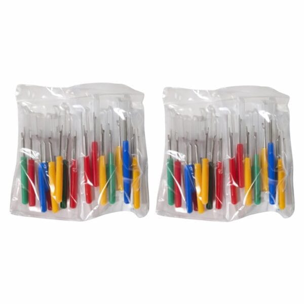 Colorful seam ripper set with stainless steel blades and plastic handles in transparent pouch isolated on white background