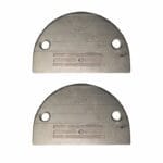 Industrial sewing machine throat plate made of stainless steel with needle guide markings and dual screw holes, square 1:1 product image on white background