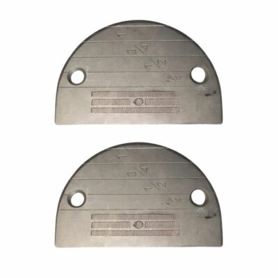 Industrial sewing machine throat plate made of stainless steel with needle guide markings and dual screw holes, square 1:1 product image on white background