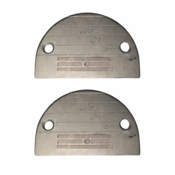 Industrial sewing machine throat plate made of stainless steel with needle guide markings and dual screw holes, square 1:1 product image on white background