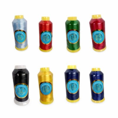 Multicolor embroidery thread cones for sewing and machine embroidery, including red, blue, green, black, gold, and silver threads