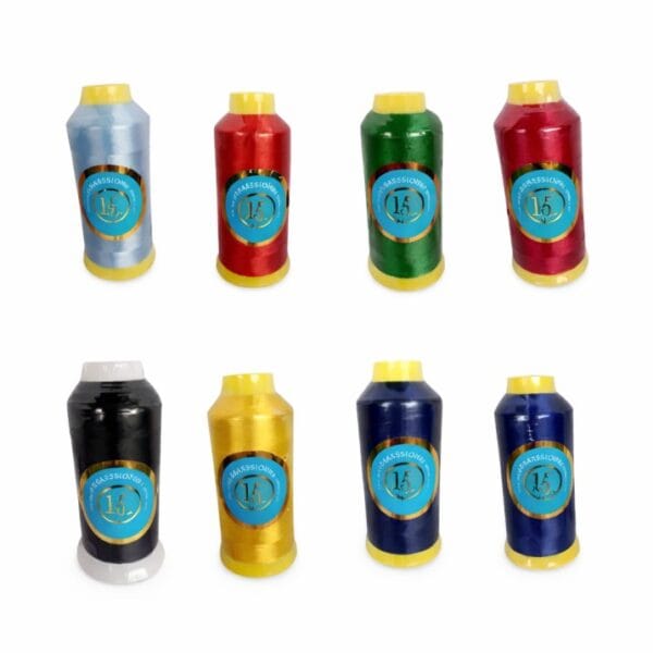 Multicolor embroidery thread cones for sewing and machine embroidery, including red, blue, green, black, gold, and silver threads