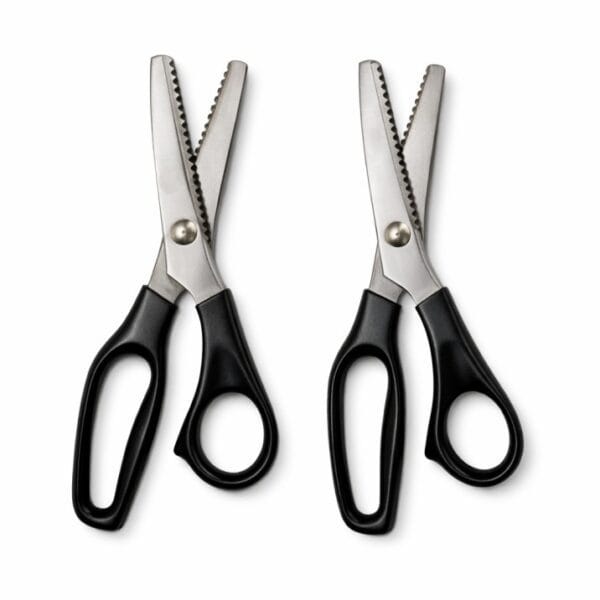 Heavy duty pinking shears scissors with stainless steel zig zag blades and black ergonomic handles isolated on white background