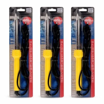 60W electric soldering iron 220V-240V with yellow handle and metal tip in retail blister pack for electronics repair and DIY soldering