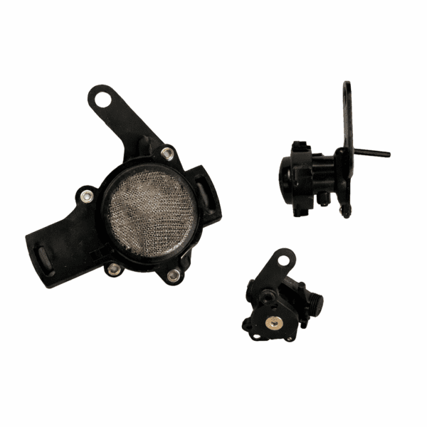 Oil filter for industrial sewing machine with metal mesh screen and black housing on white background