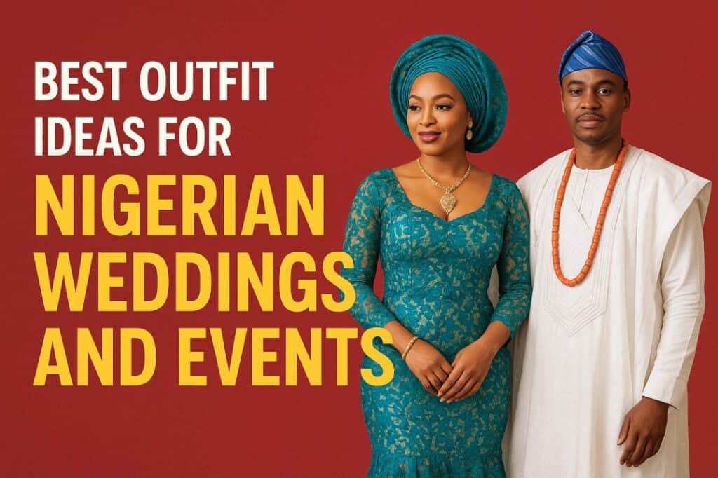 Stylish Nigerian couple wearing elegant aso-ebi lace gown and white agbada at a wedding event
