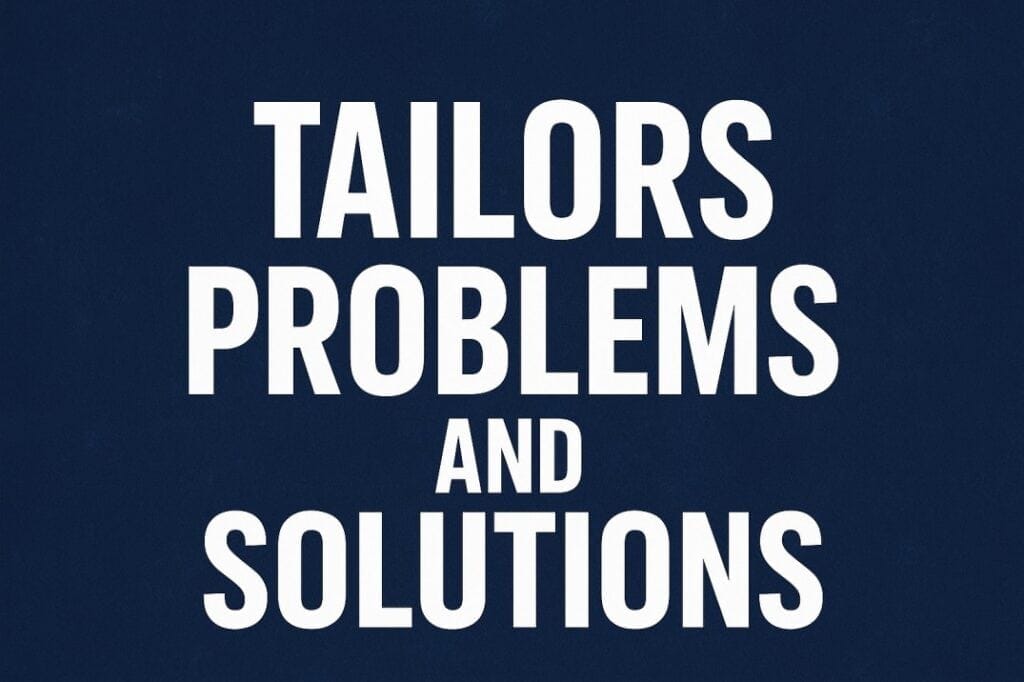 Tailors Problems and Solutions — blog cover image in navy and white Obepro brand style