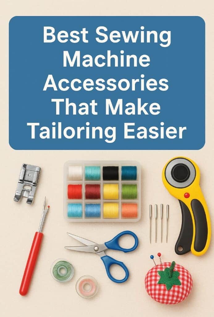 Essential sewing machine accessories and tools for tailors displayed neatly on a workspace