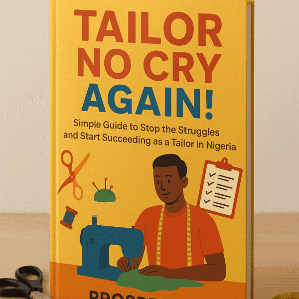 3D mockup of Tailor No Cry Again ebook standing on a table beside sewing tools — inspiring business and motivation book for tailors and fashion designers.
