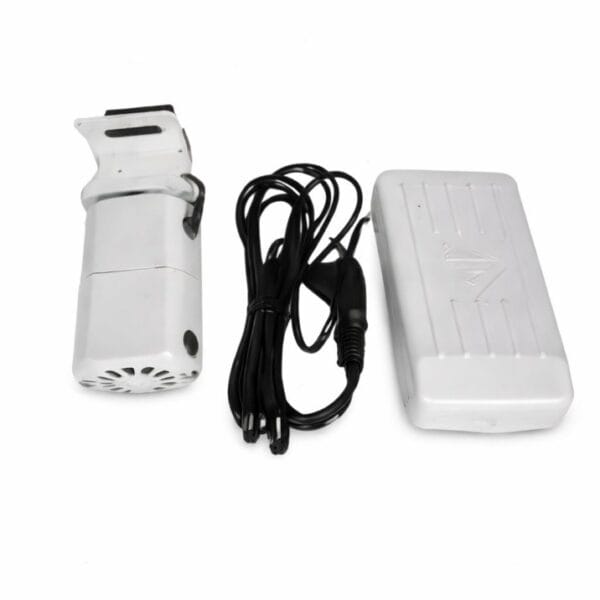 Amro sewing machine motor kit with electric motor, black power cord and white foot pedal controller on clean white background