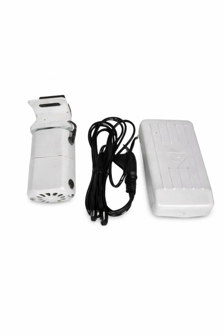 Amro sewing machine motor kit with electric motor, black power cord and white foot pedal controller on clean white background
