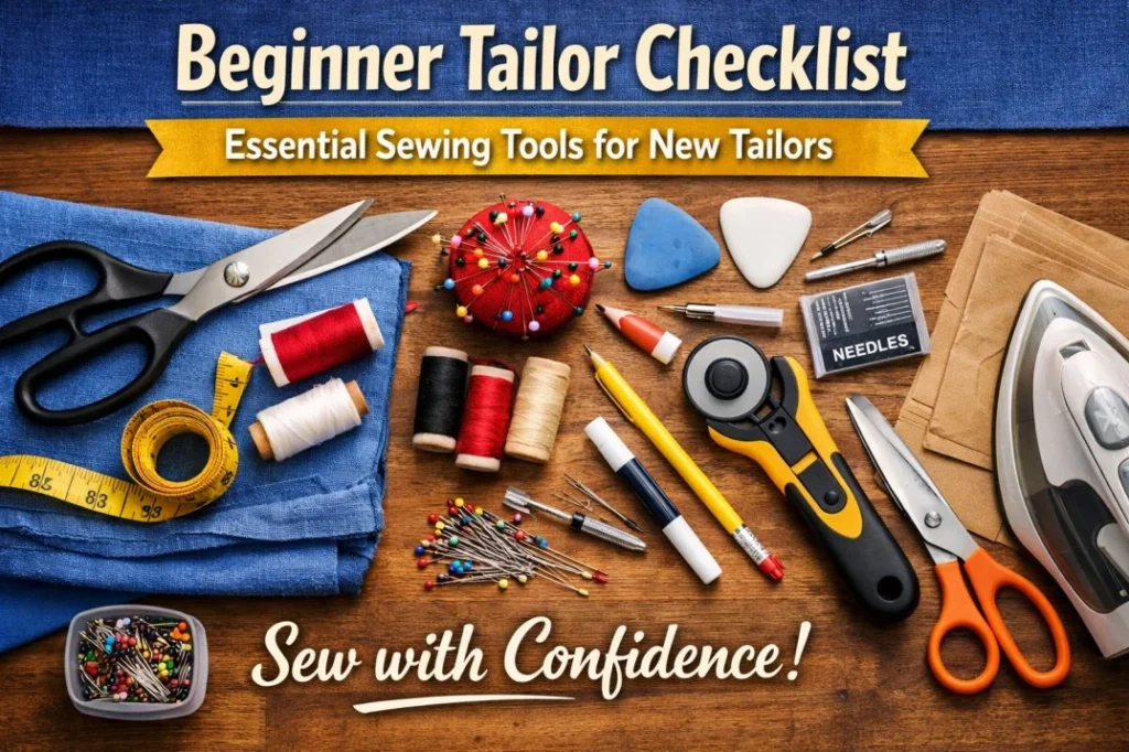 Beginner tailor checklist showing essential sewing tools including scissors, measuring tape, thread, needles, chalk, and fabric laid out on a tailoring workspace