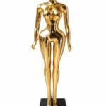 Gold female mannequin display model for fashion tailoring and clothing showcase