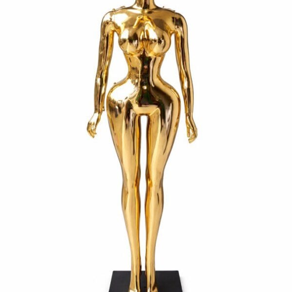 Gold female mannequin display model for fashion tailoring and clothing showcase