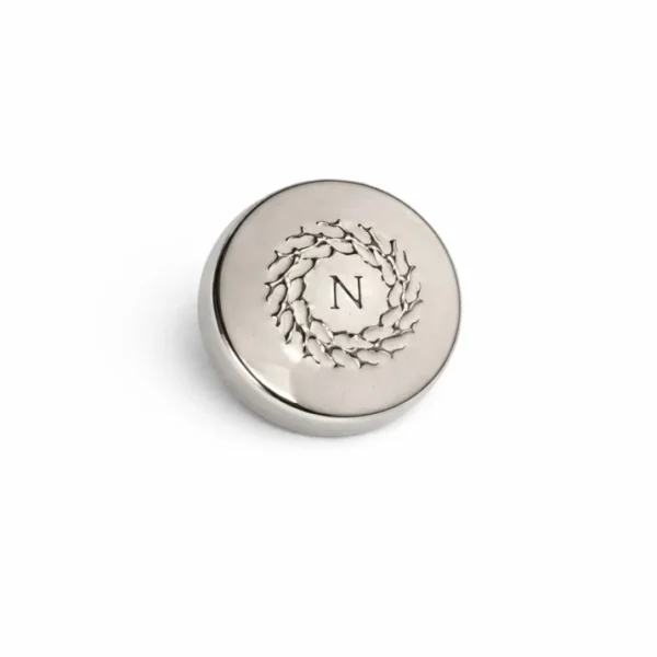 Silver fancy button for wears with engraved wreath design and letter N for clothing and fashion wear