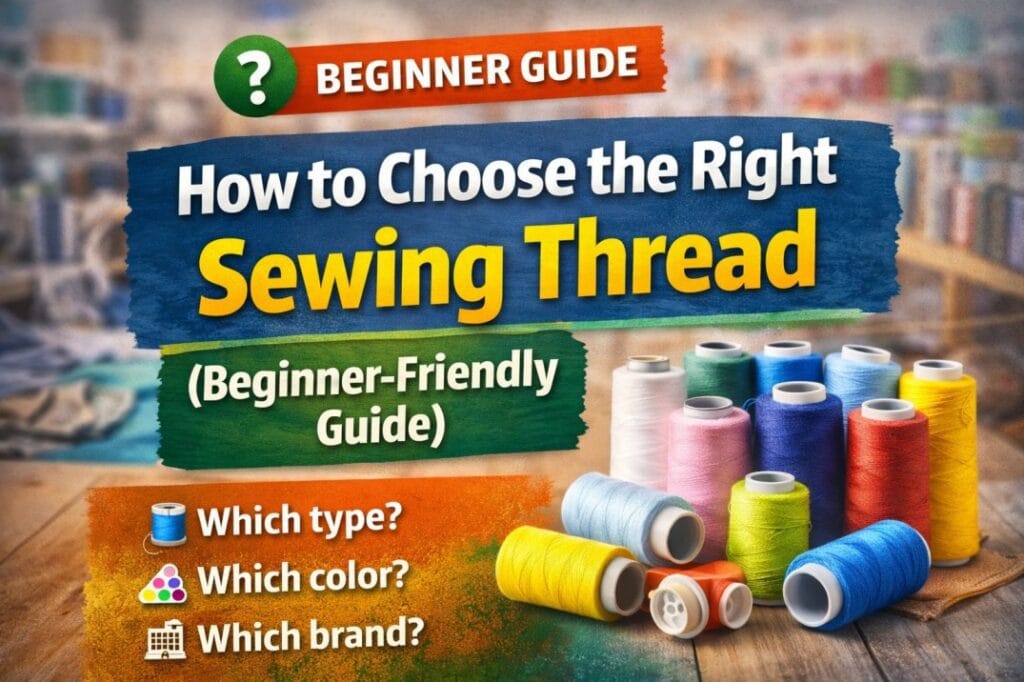 How to choose the right sewing thread for beginners showing colorful thread spools and thread selection guide