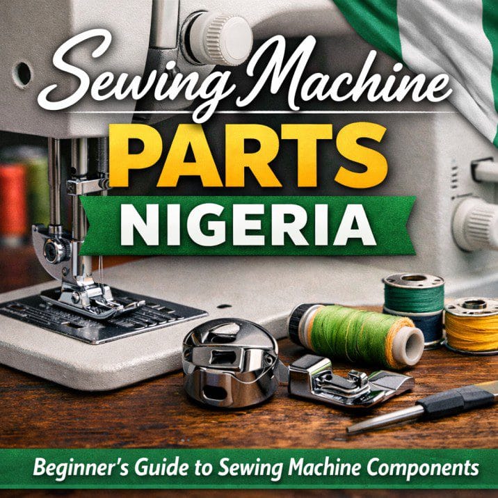 Sewing machine parts Nigeria close-up showing needle, presser foot, bobbin and tailoring tools for beginners
