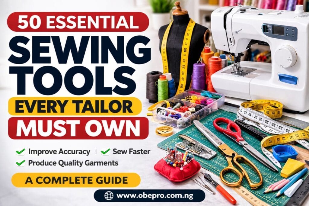 50 essential sewing tools including scissors, measuring tape, sewing machine and tailoring tools used by beginners and professional tailors