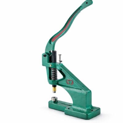 Heavy duty green grommet press machine for installing eyelets, snap buttons, and rivets used in tailoring, leather work, and garment production