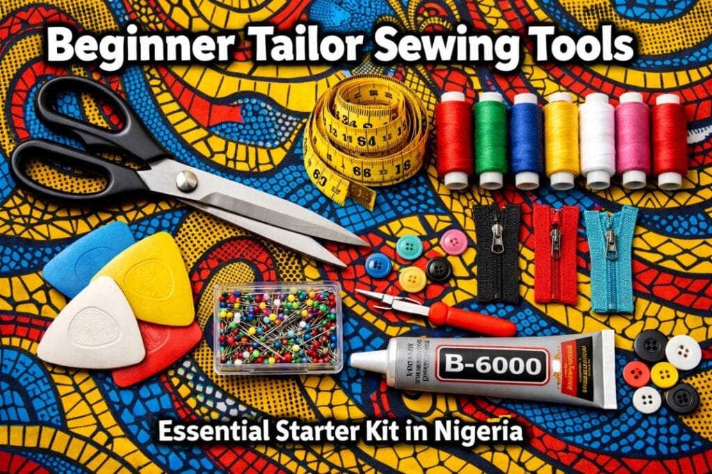 Beginner tailor sewing tools arranged on colorful Ankara fabric including scissors, measuring tape, threads, chalk, pins, zippers and B-6000 glue in Nigeria