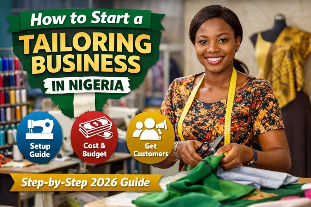 Nigerian female tailor sewing fabric in workshop with text “How to Start a Tailoring Business in Nigeria step by step 2026 guide”