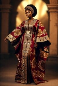 Elegant Black woman wearing a modern red and gold Ankara Bubu Kaftan with side slit and belt, regal and flowy African fashion