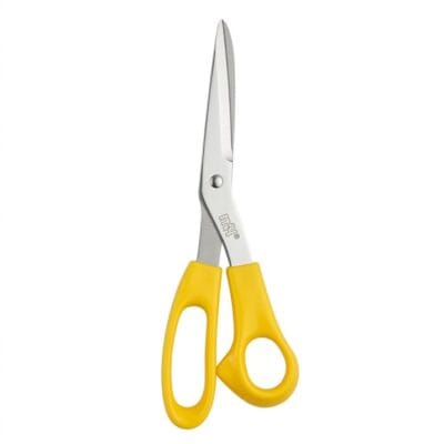 High-quality stainless steel scissors with yellow ergonomic plastic handles on a clean white background, 1:1 aspect ratio for product listing.