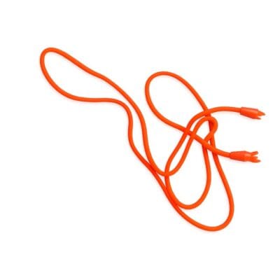 Bright orange jogger drawstring cord with plastic tips, durable hoodie and waistband rope on white background