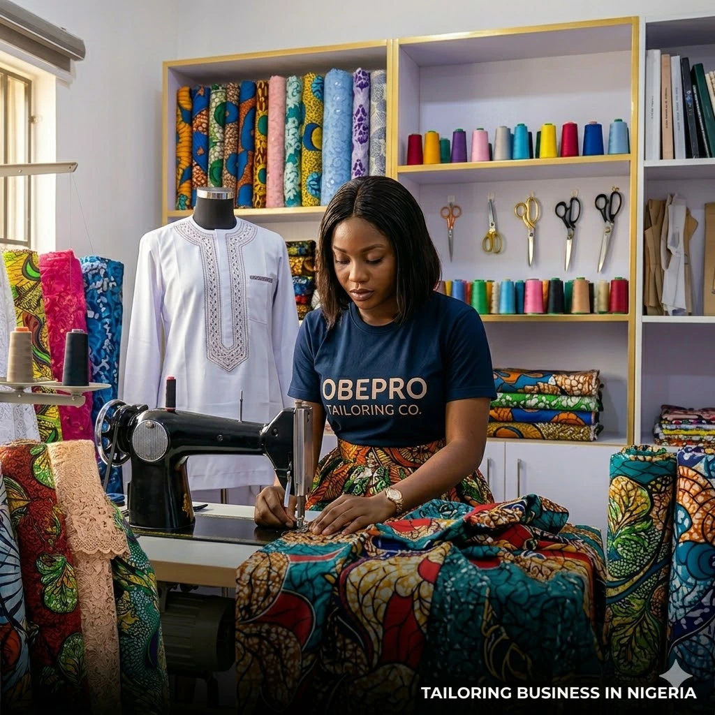 A young woman in an OBEPRO Tailoring Co. t-shirt operates a sewing machine in a well-stocked Nigerian textile studio, with rows of Ankara fabric.
