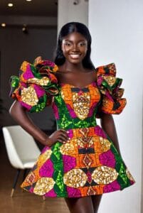 Vibrant short flare Ankara dress 2026 with dramatic puff sleeves and ruffles, worn by a beautiful Nigerian woman in multicolored African print