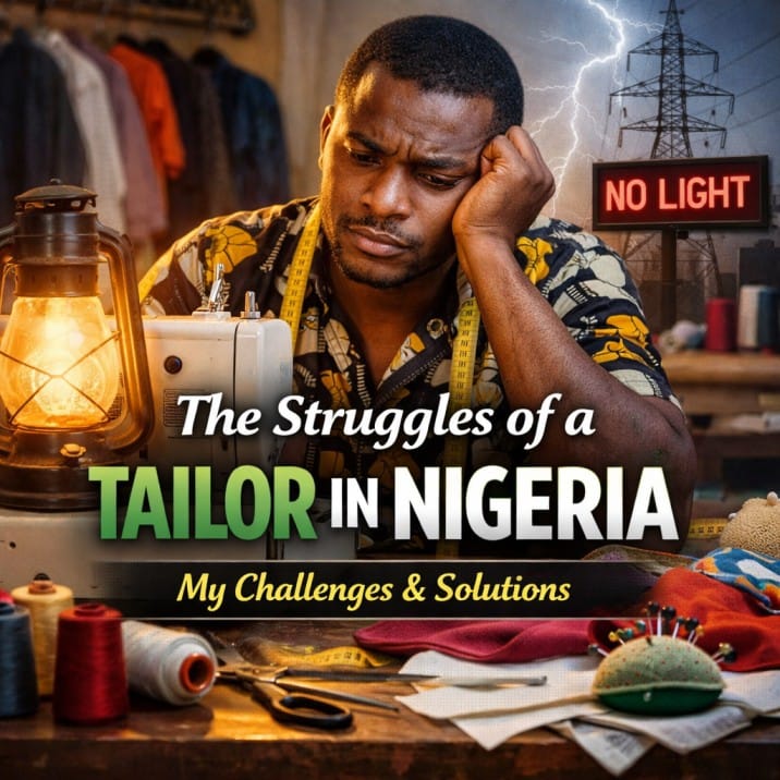 Frustrated Nigerian tailor working at sewing machine during power outage with lantern light, highlighting challenges of tailoring business in Nigeria
