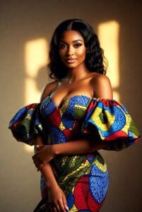 Elegant Black woman in a romantic off-shoulder Ankara gown with dramatic puff sleeves in vibrant multicolored African print