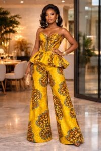 Elegant Black woman wearing vibrant yellow Ankara peplum top with matching wide-leg trousers in a luxury modern indoor setting
