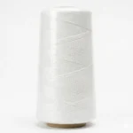 A large industrial cone of white polyester whipping thread, tightly wound and sealed in transparent protective wrap, on a white background.