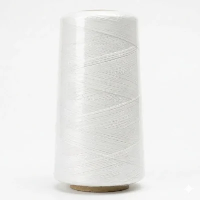A large industrial cone of white polyester whipping thread, tightly wound and sealed in transparent protective wrap, on a white background.