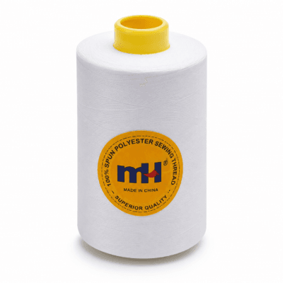 White MH spun polyester sewing thread cone for industrial sewing, tailoring, and garment production