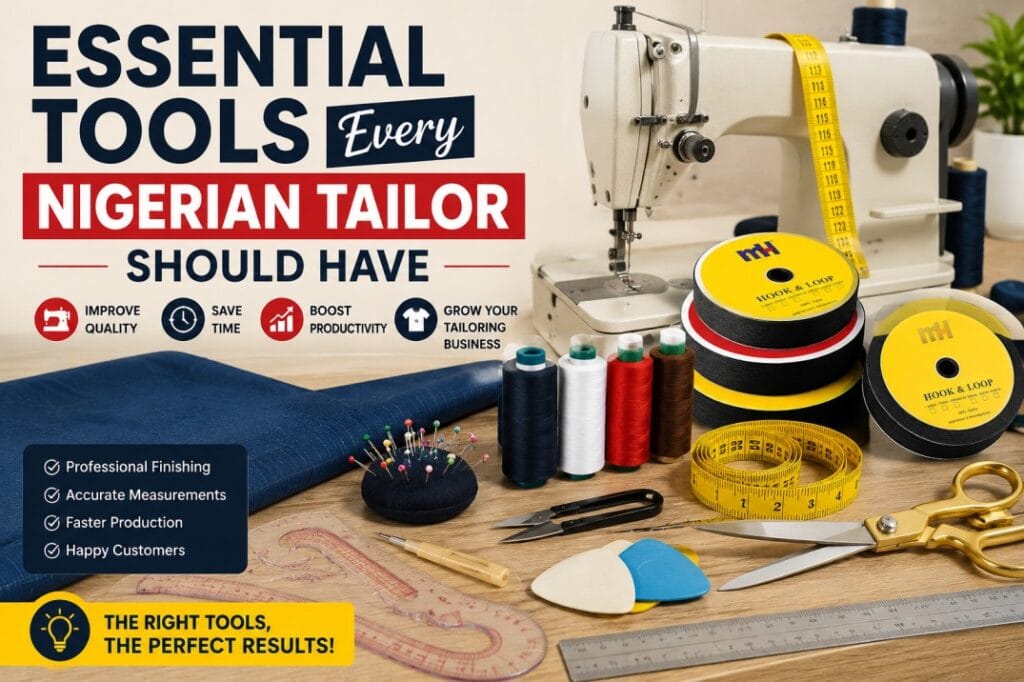 Essential tailoring tools for Nigerian tailors including a sewing machine, measuring tape, scissors, rulers, thread, hook and loop tape, pins, and tailor's chalk.