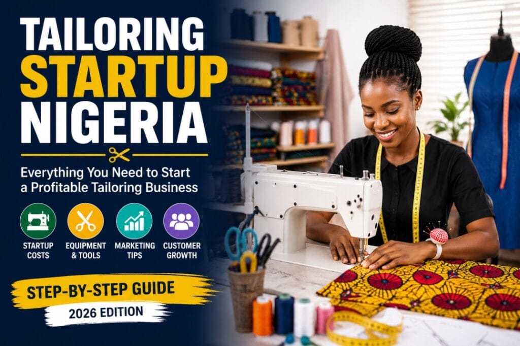 Tailoring Startup Nigeria guide showing a fashion designer sewing fabric in a tailoring shop with startup costs, tools, and business tips