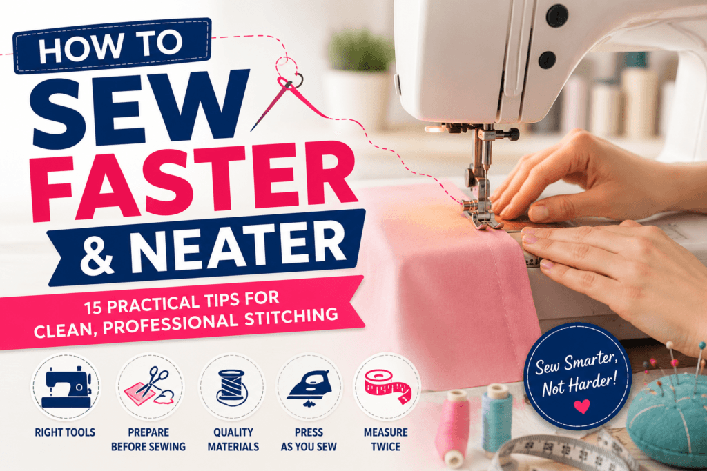 Tailor sewing pink fabric on a sewing machine illustrating practical tips to sew faster and neater with clean, professional stitching.