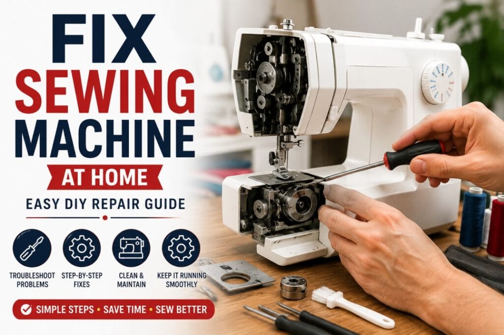 Technician repairing a sewing machine at home with screwdriver during DIY sewing machine troubleshooting and maintenance.