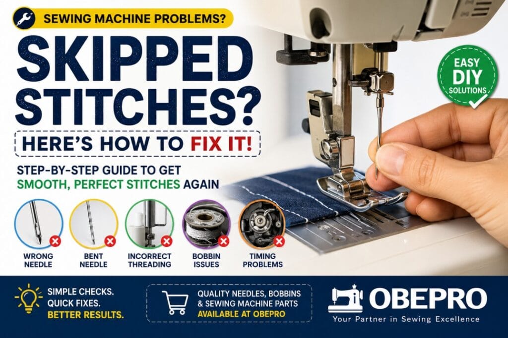 Technician replacing a sewing machine needle to fix skipped stitches caused by bent needles, incorrect threading, bobbin issues, and timing problems.