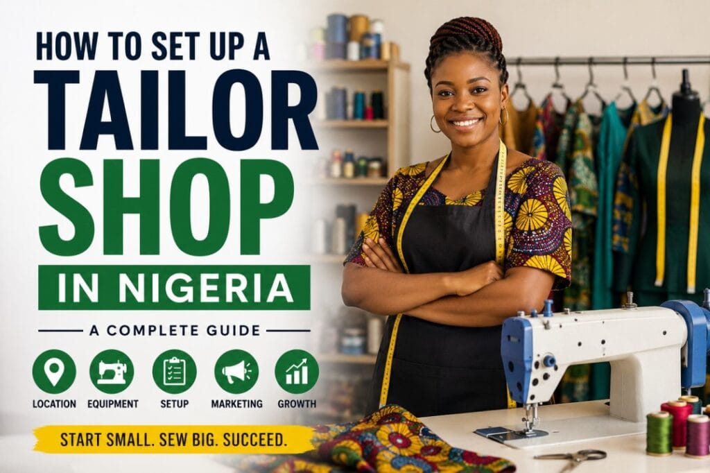 Setting up a tailor shop in Nigeria with industrial sewing machine, fabrics, and professional tailor in a modern fashion workshop