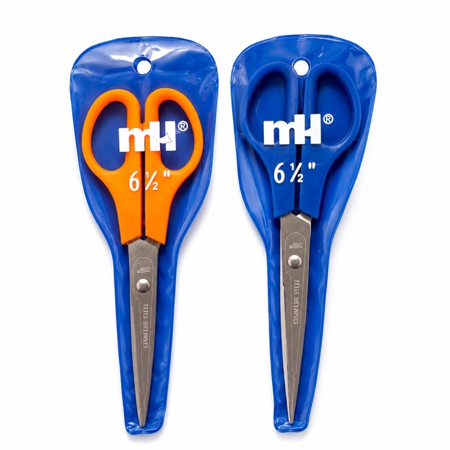 MH 6.5 inch stainless steel scissors for tailoring, sewing, office, craft, and household cutting tasks with comfortable ergonomic handles.