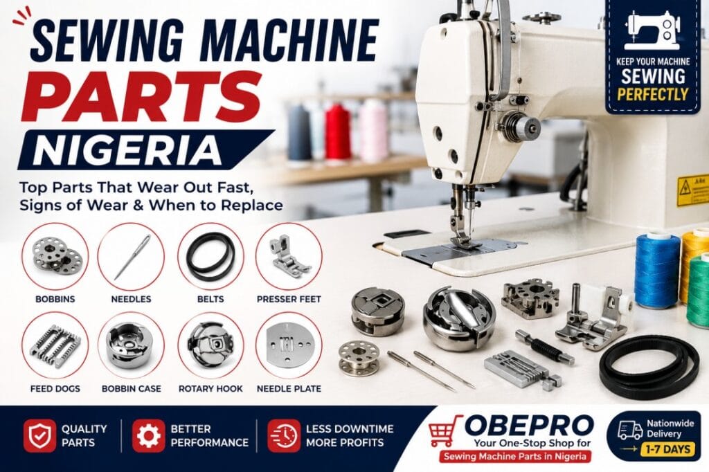 Industrial sewing machine with common replacement parts including needles, bobbins, belts, presser feet, feed dogs, rotary hook, bobbin case, and needle plate for Nigerian tailors.
