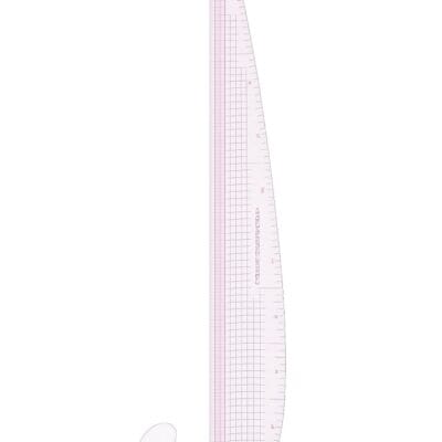 Transparent multifunction fashion designing curve ruler with built-in protractor for pattern drafting, garment measurement, and tailoring.